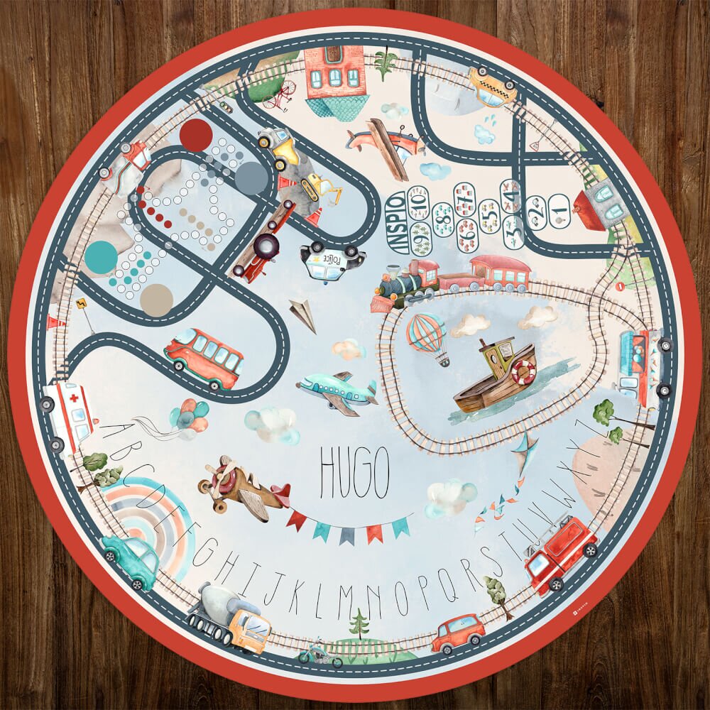 INSPIO Dětská podložka na hraní pro kluky s cestami a jménem - Dopravní prostředky