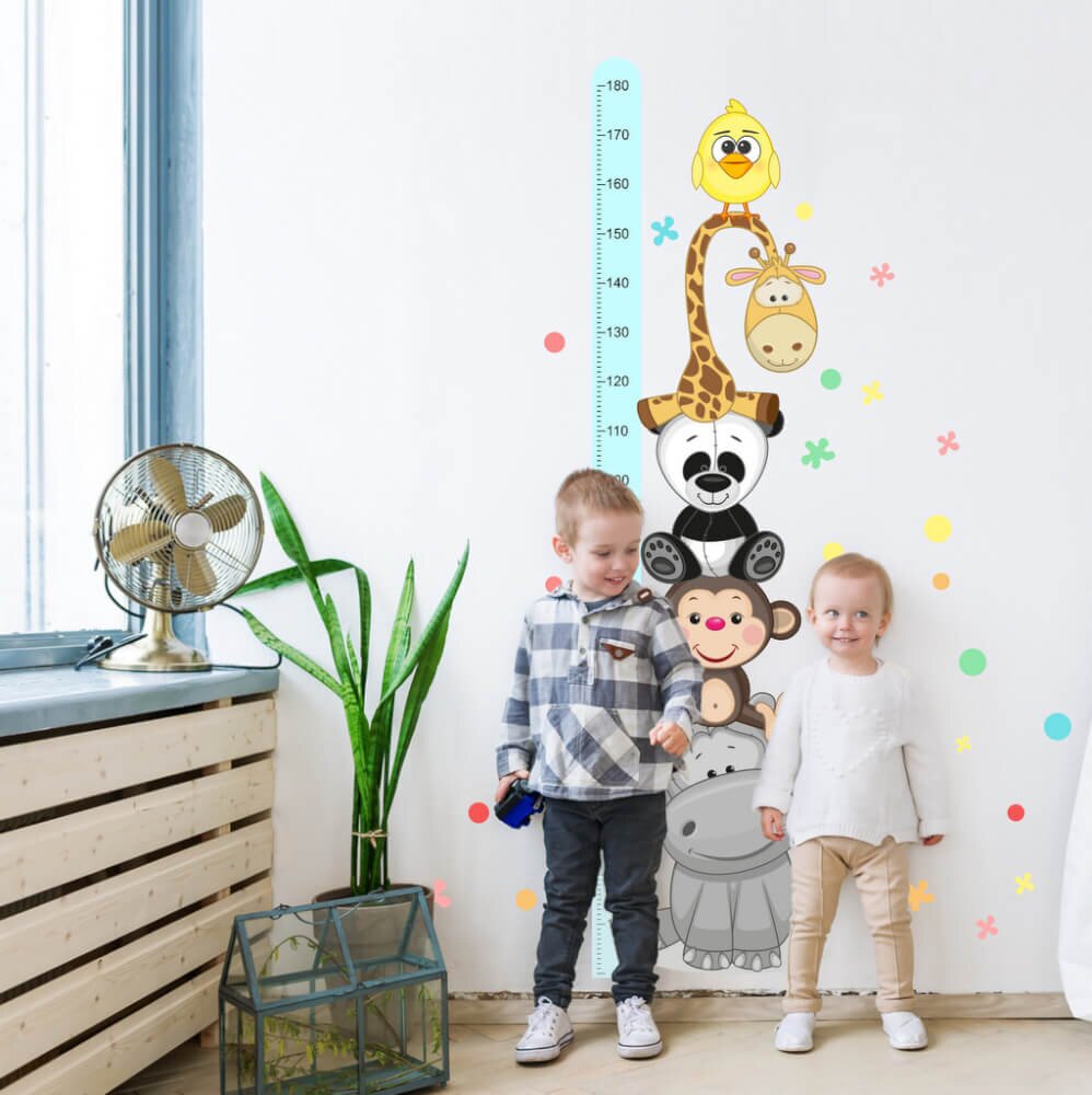 INSPIO Dětské samolepky na zeď - Modrý dětský metr s veselými zvířatky (180 cm)