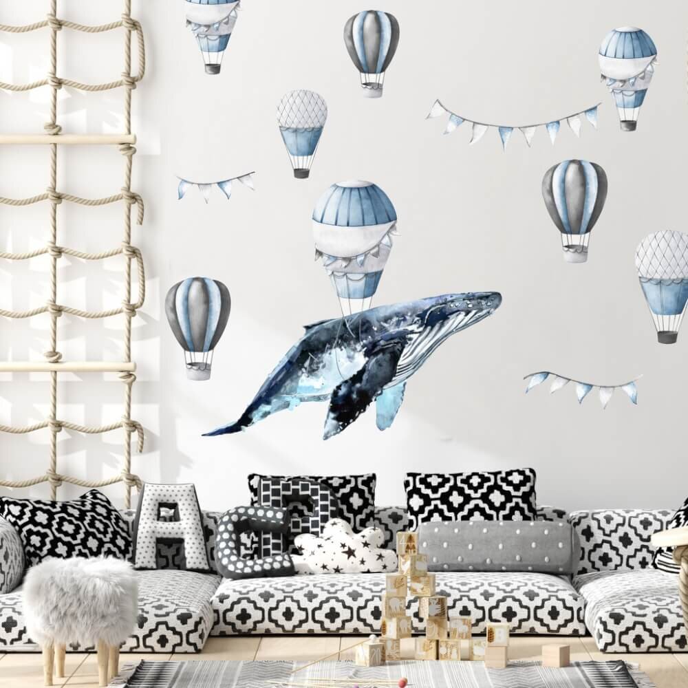 INSPIO Dětské samolepky na zeď - Velryba s balony