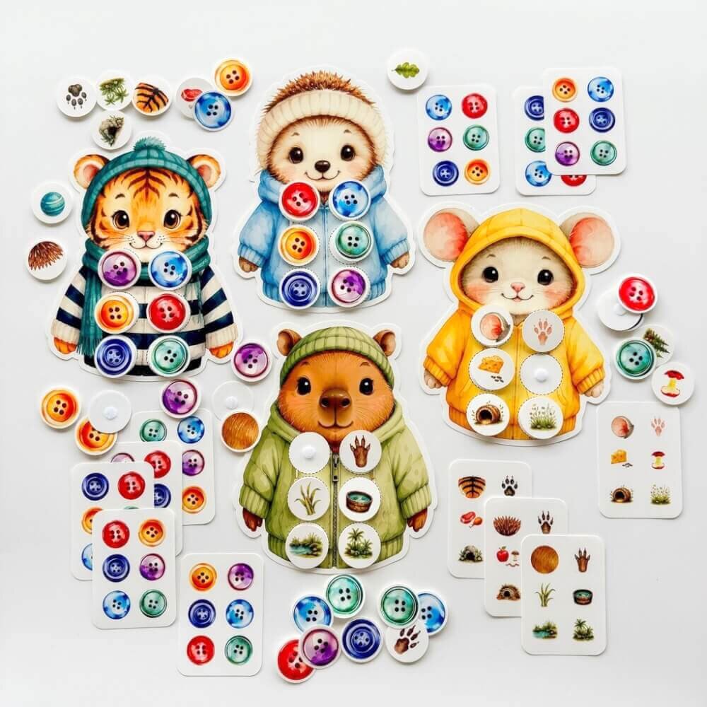 INSPIO Montessori hra na cesty – Knoflíčky pro zvířátka