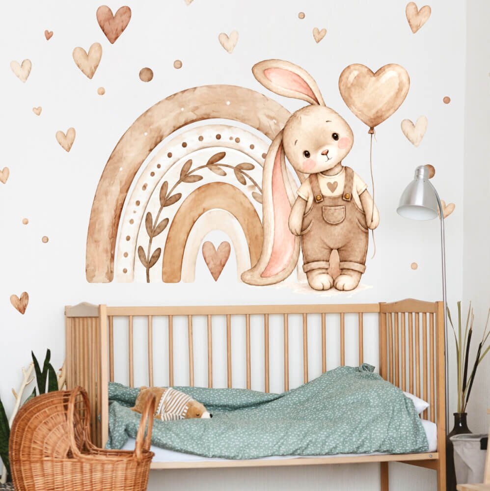 INSPIO Nálepka do dětského pokoje – Boho duha a malý zajíček