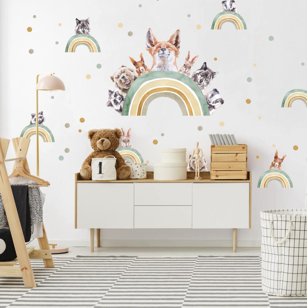 INSPIO Nálepky na zeď - Samolepka duhy se zvířátky