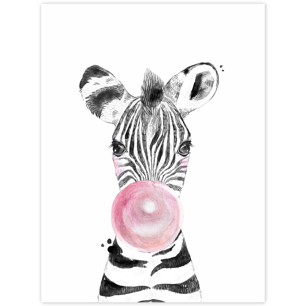 INSPIO Obraz na zeď - Zebra s růžovou bublinou
