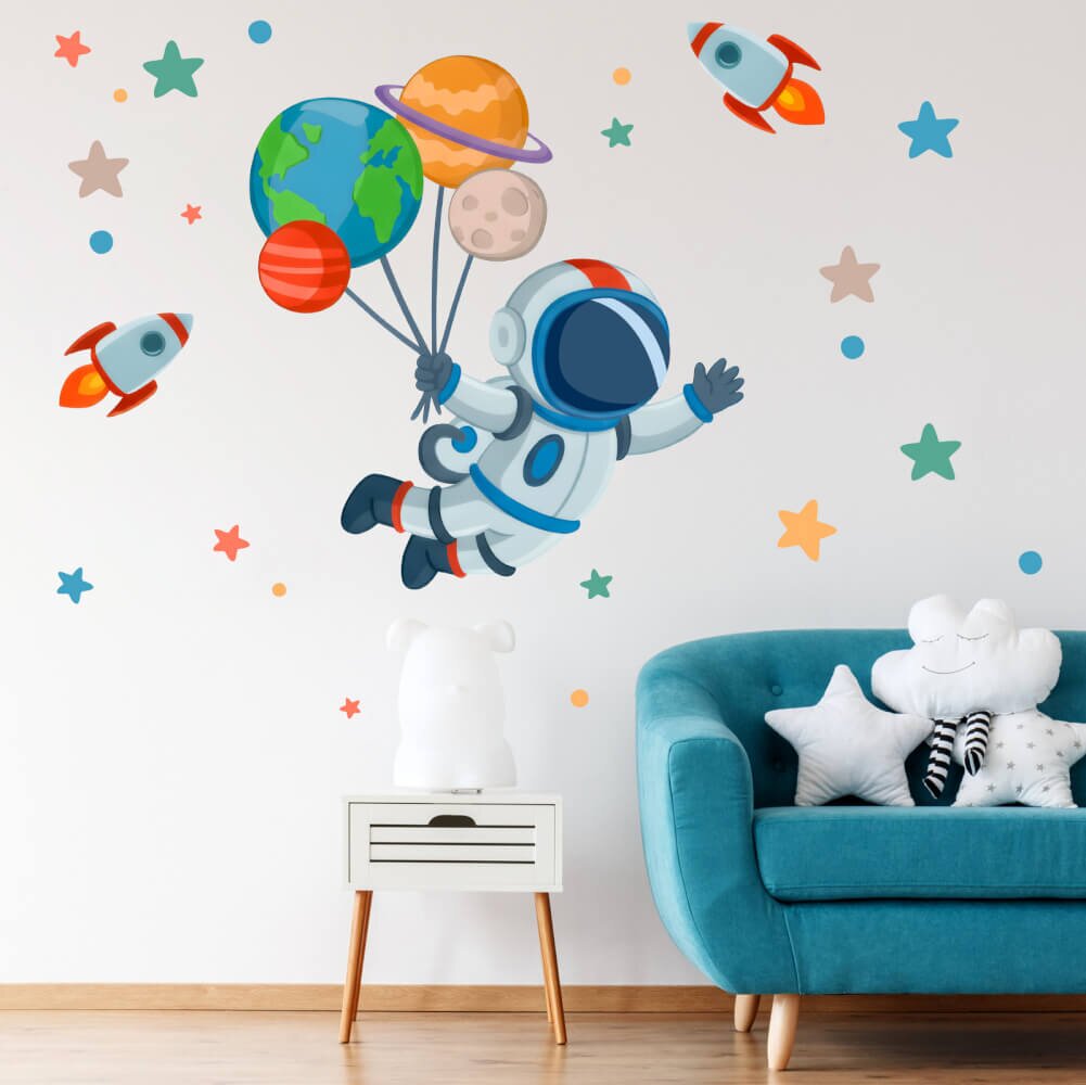 INSPIO Samolepka na zeď do dětského pokoje - Astronaut s planetami