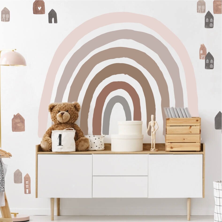 INSPIO Samolepka na zeď - DUHA v hnědých barvách a boho domečky