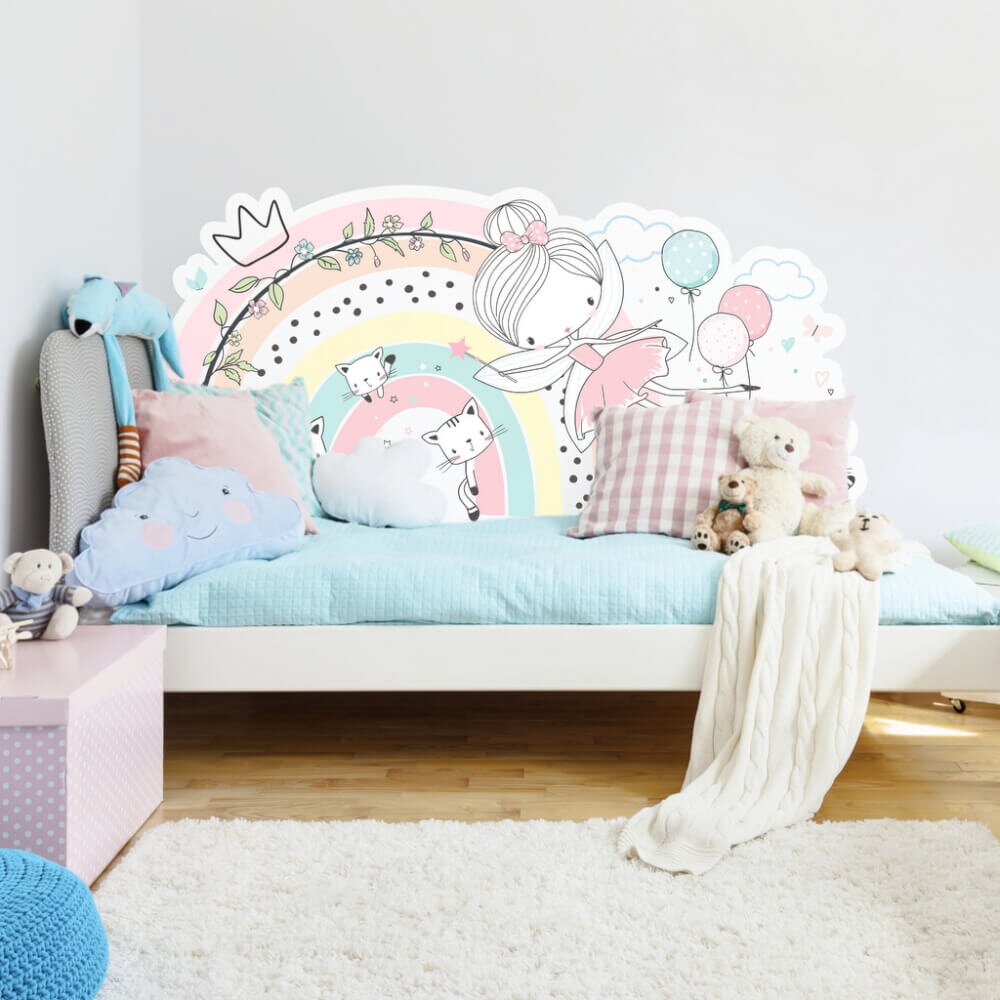 INSPIO Samolepky na zeď dětské - Zástěna s vílou s duhou k dětské posteli
