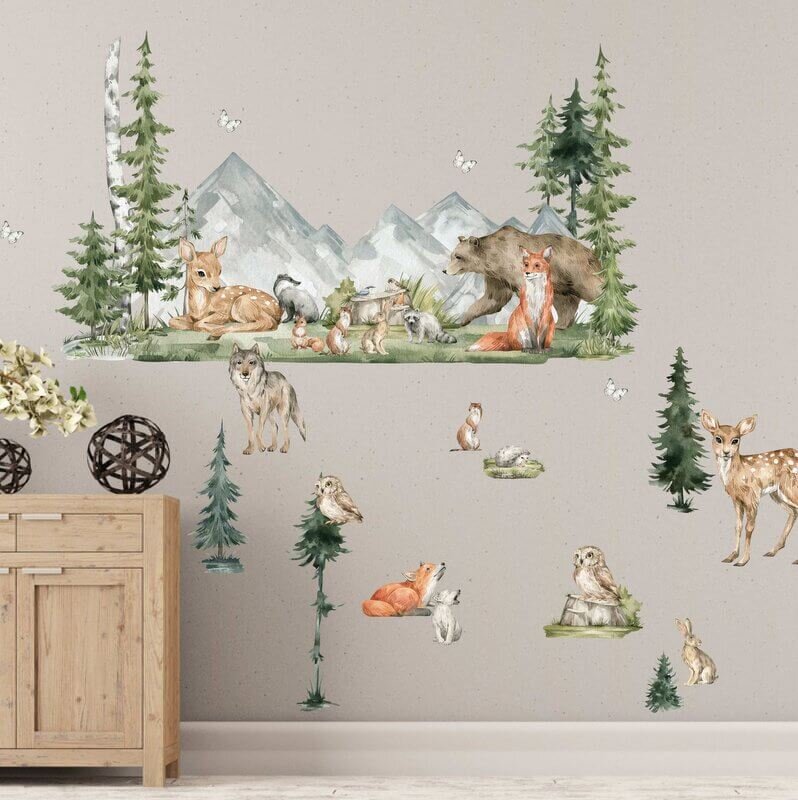 INSPIO Samolepky na zeď pro děti - Forest lesní zvířátka do dětského pokoje
