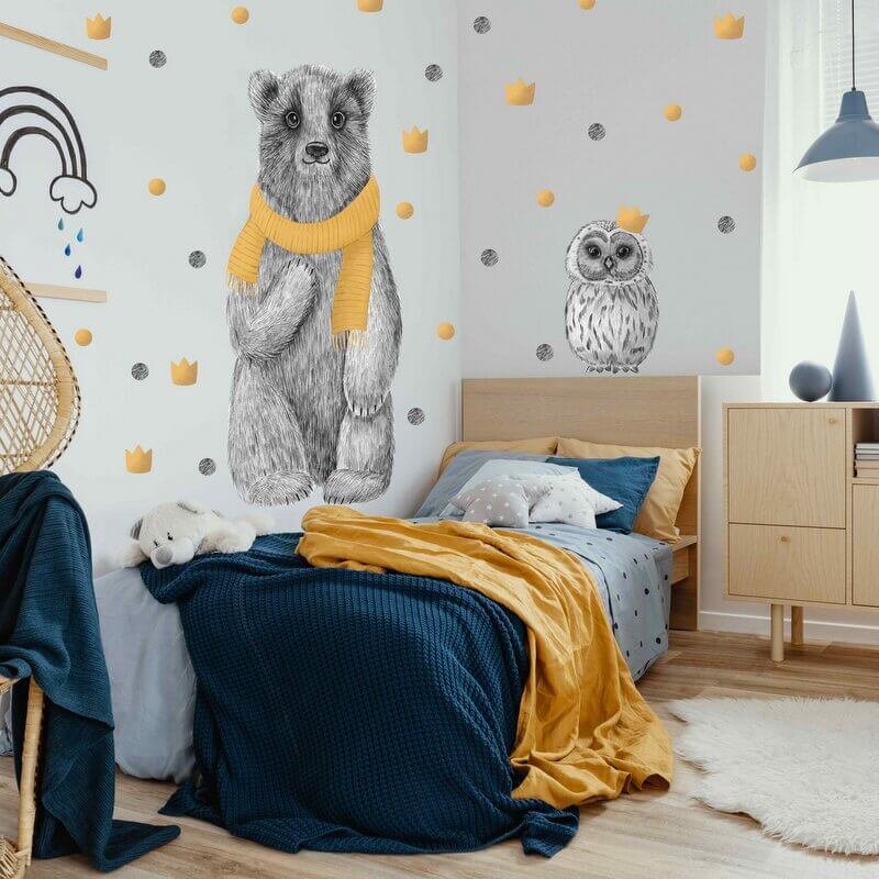INSPIO Velký nalepovací medvěd v černobílé barvě se zlatými doplňky a sovou