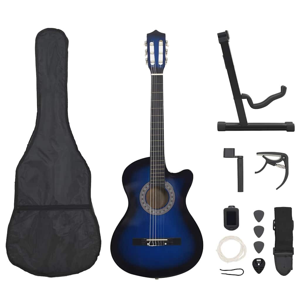 vidaXL 12dílný folkový akustický kytarový set se 6 strunami modrý 38''