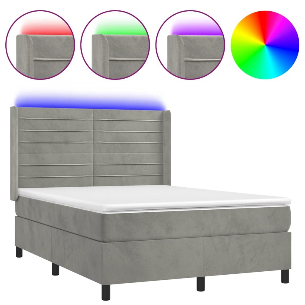 vidaXL Box spring postel s matrací a LED světle šedá 140x190 cm samet