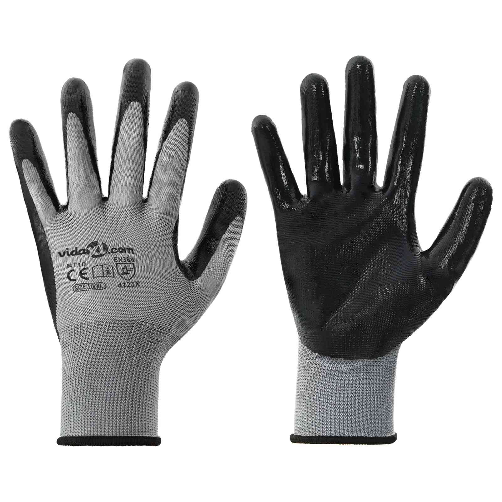 vidaXL Pracovní rukavice 12 ks Šedá a černá 10 / xl Polyester