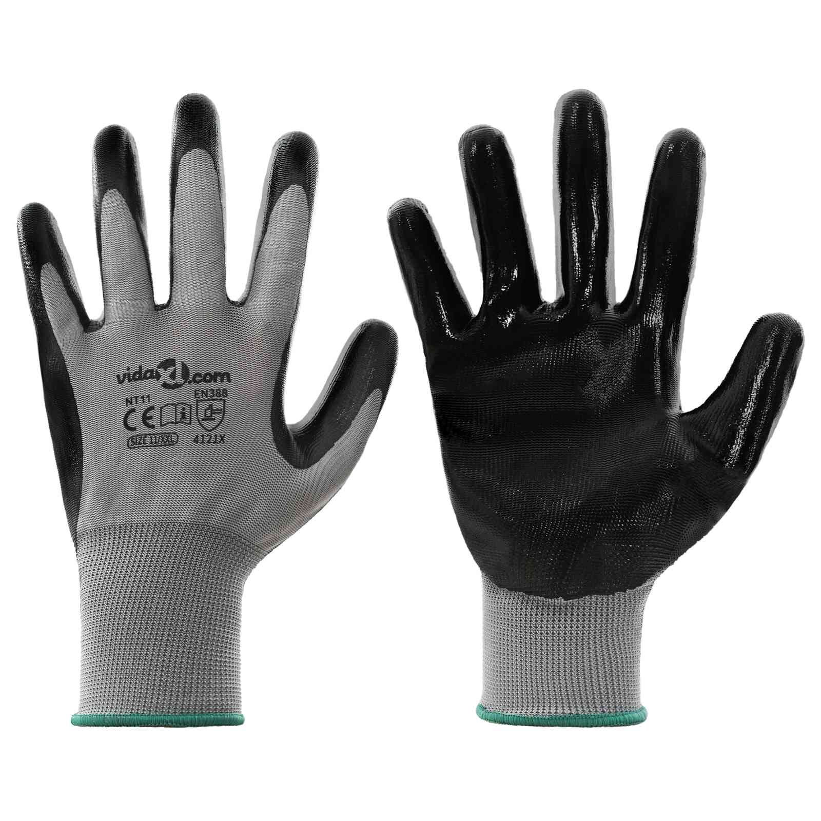 vidaXL Pracovní rukavice 12 ks Šedá a černá 11 / XXL Polyester