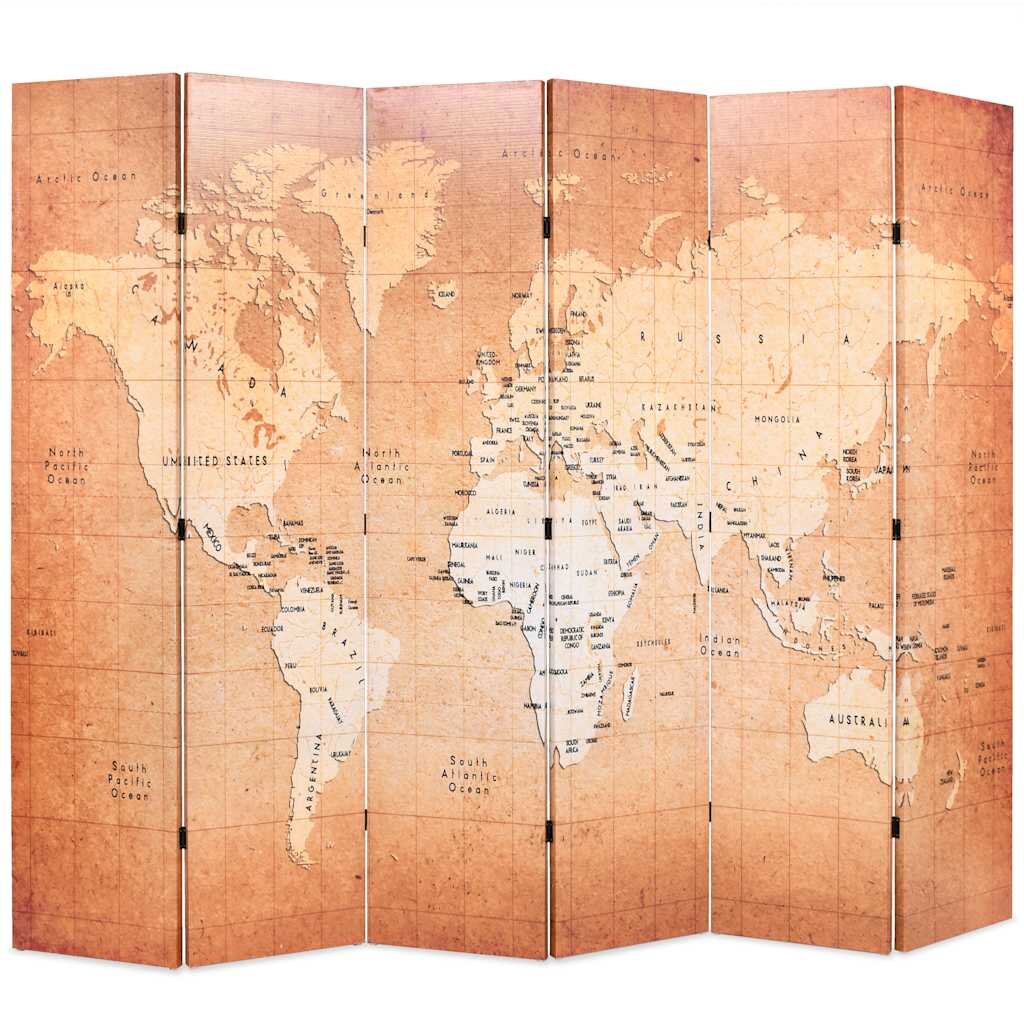 vidaXL Skládací paraván 228 x 170 cm Mapa světa žlutá